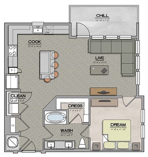 1 Bedroom 1 Bath B Floor Plan at The Jamestown Apartment Flats, Richmond, 23224